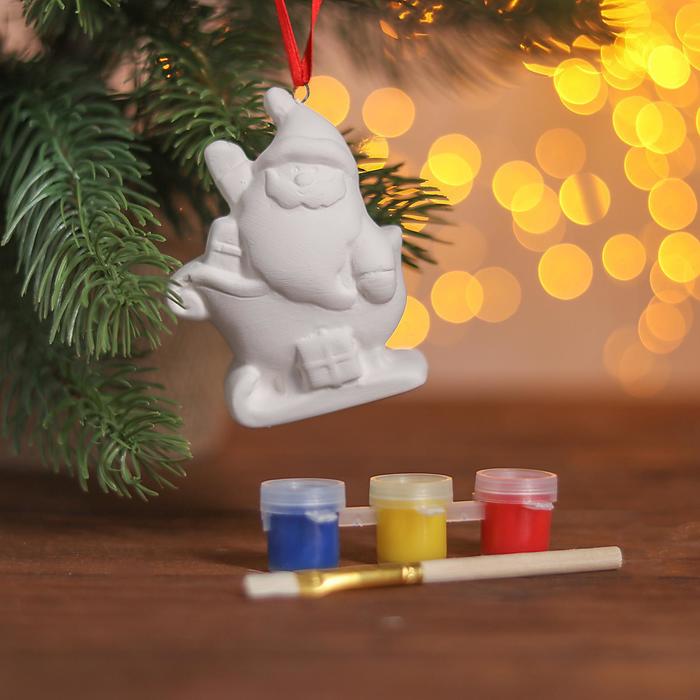 Елочное украшение под раскраску "Дед мороз в санях" с подвесом, краска 3 цв по 2 мл, кисть