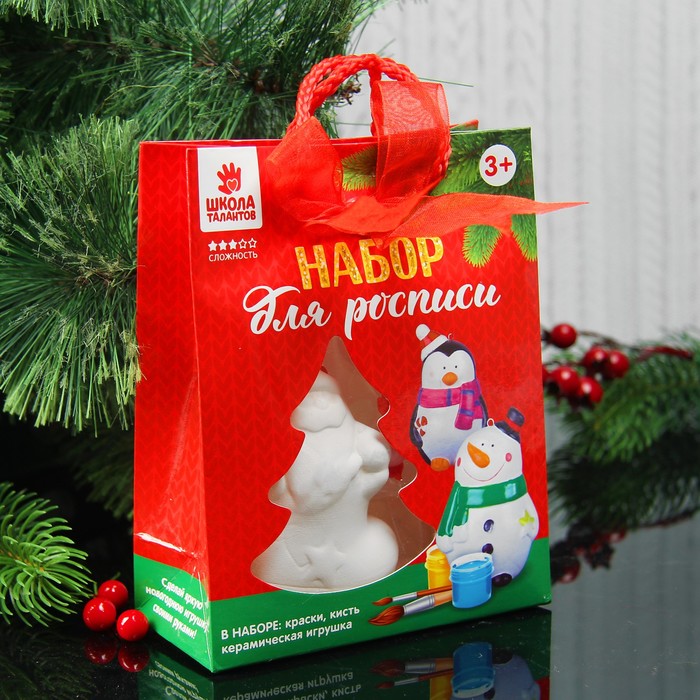 Елочное украшение под раскраску "Дед мороз" с подвесом, краска 3 цв по 2 мл, кисть