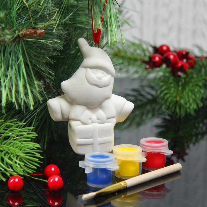 Елочное украшение под раскраску "Дед мороз в подарке" с подвесом, краска 3 цв по 2 мл, кисть 34624
