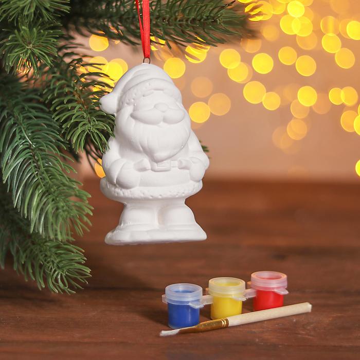 Елочное украшение под раскраску "Дедушка мороз" с подвесом, краска 3 цв по 2 мл, кисть