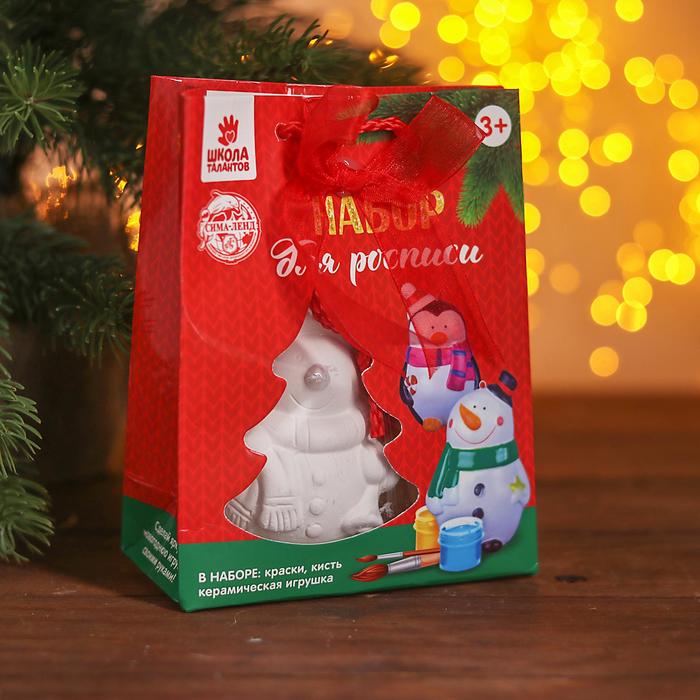 Елочное украшение под раскраску "Снеговик в шарфике" с подвесом, краска 3 цв по 2 мл, кисть 346244