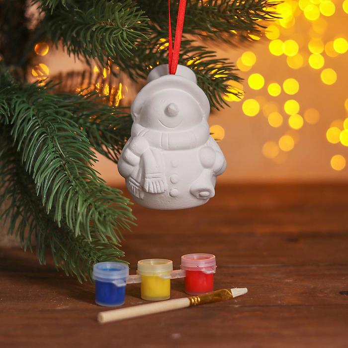 Елочное украшение под раскраску "Снеговик в шарфике" с подвесом, краска 3 цв по 2 мл, кисть 346244