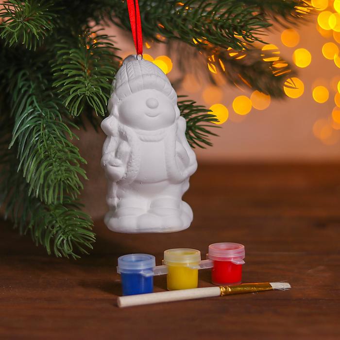 Елочное украшение под раскраску "Милый снеговик" с подвесом, краска 3 цв по 2 мл, кисть