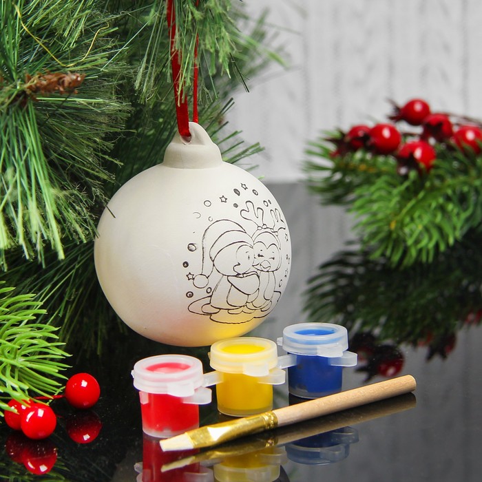 Новогодний шар под раскраску "Пингвины" с подвесом, краска 3 цв по 2 мл, кисть