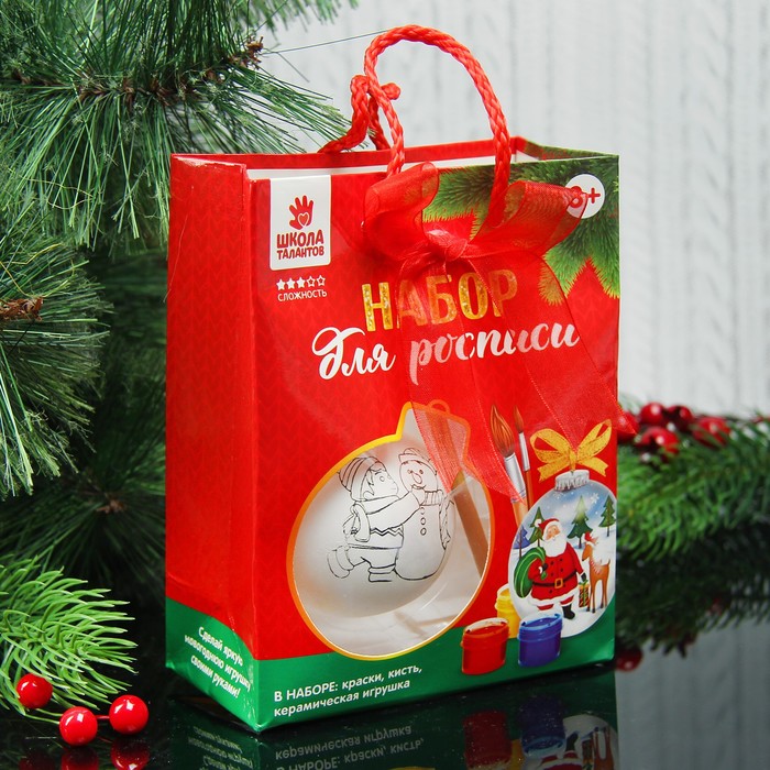 Новогодний шар под раскраску "Лепим снеговика" с подвесом, краска 3 цв по 2 мл, кисть