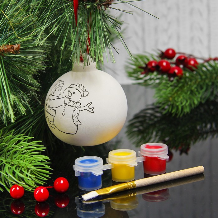 Новогодний шар под раскраску "Лепим снеговика" с подвесом, краска 3 цв по 2 мл, кисть