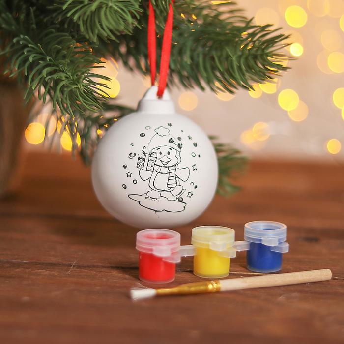 Новогодний шар под раскраску "Пингвин в шапочке" с подвесом, краска 3 цв по 2 мл, кисть