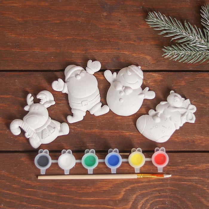 Набор новогодних магнитов под раскраску 4 шт "Сказочный" краски 6 цв по 2 мл