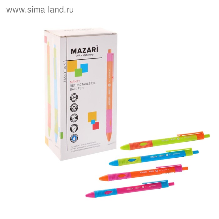 Ручка шариковая автоматическая для правшей Mazari Menty, узел 0.7 мм, резиновый упор, синяя, корпус МИКС