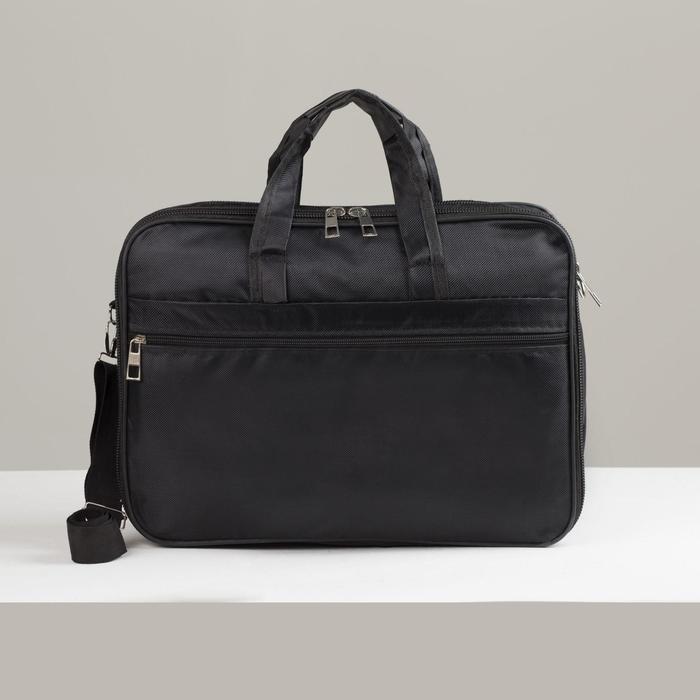 Сумка деловая, 2 отдела на молниях, 3 наружных кармана, длинная стропа, цвет чёрный