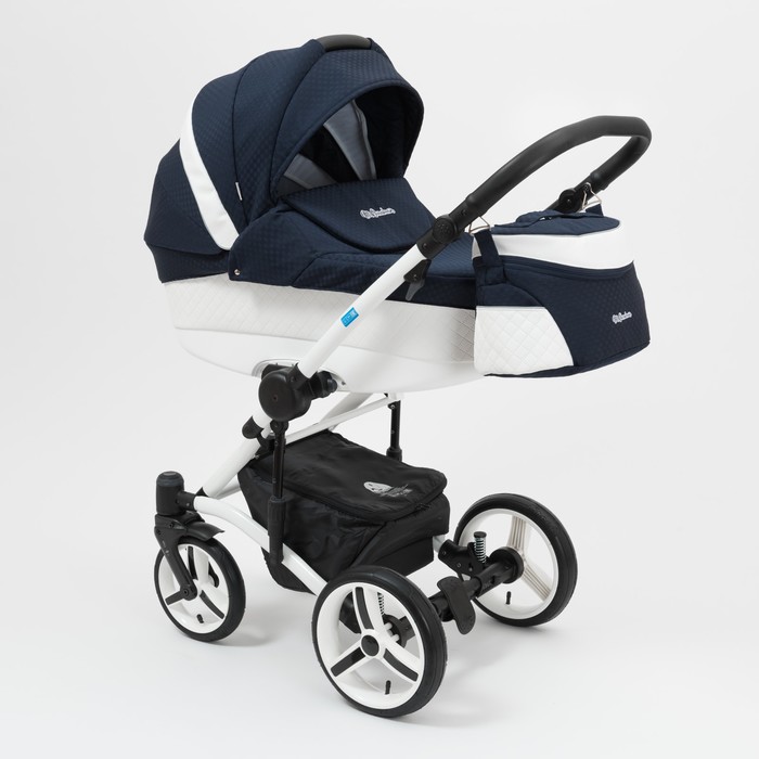 Коляска 2 в 1 West-East Premium, 50% эко-кожа, белый перфорированный - тёмно-синий в принт