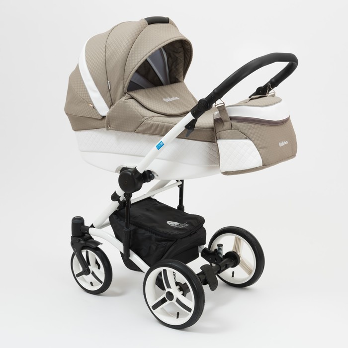 Коляска 2 в 1 West-East Premium, 50% эко-кожа, белый перфорированный - тёмно-бежевый в принт 39495