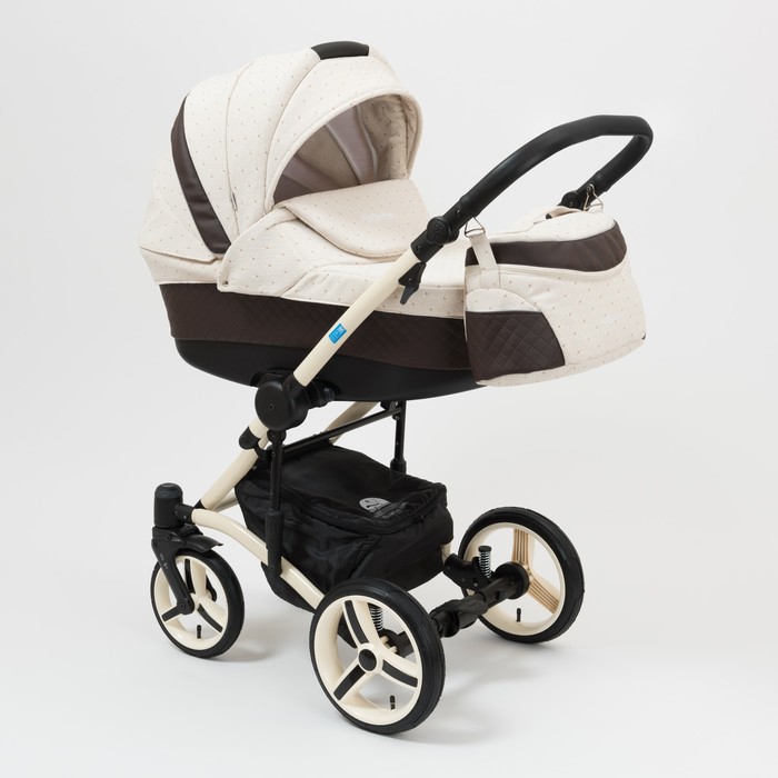 Коляска 2 в 1 West-East Premium, 50% эко-кожа, коричневый перфорированный - бежевый в принт 394953