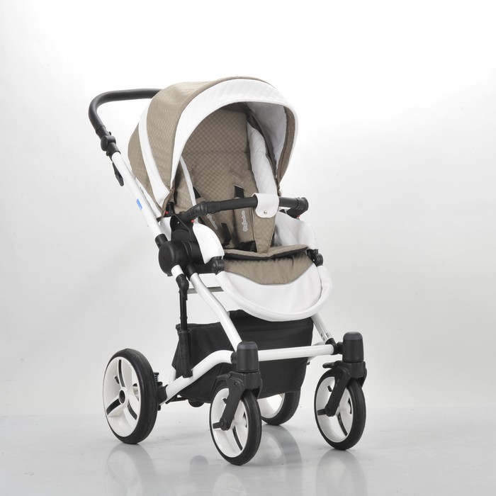 Коляска 3 в 1 West-East Premium, 50% эко-кожа, белый перфорированный - тёмно-бежевый в принт 39495