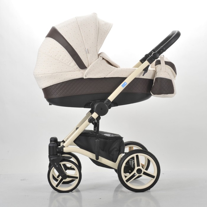 Коляска 3 в 1 West-East Premium, 50% эко-кожа, коричневый перфорированный - бежевый в принт 394956