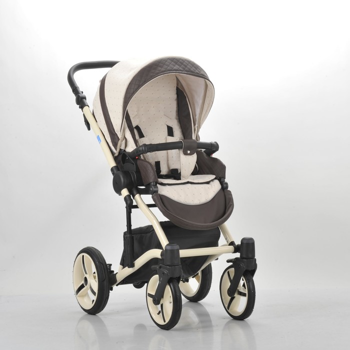 Коляска 3 в 1 West-East Premium, 50% эко-кожа, коричневый перфорированный - бежевый в принт 394956