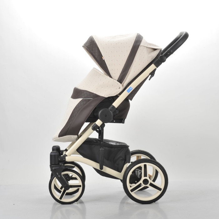 Коляска 3 в 1 West-East Premium, 50% эко-кожа, коричневый перфорированный - бежевый в принт 394956