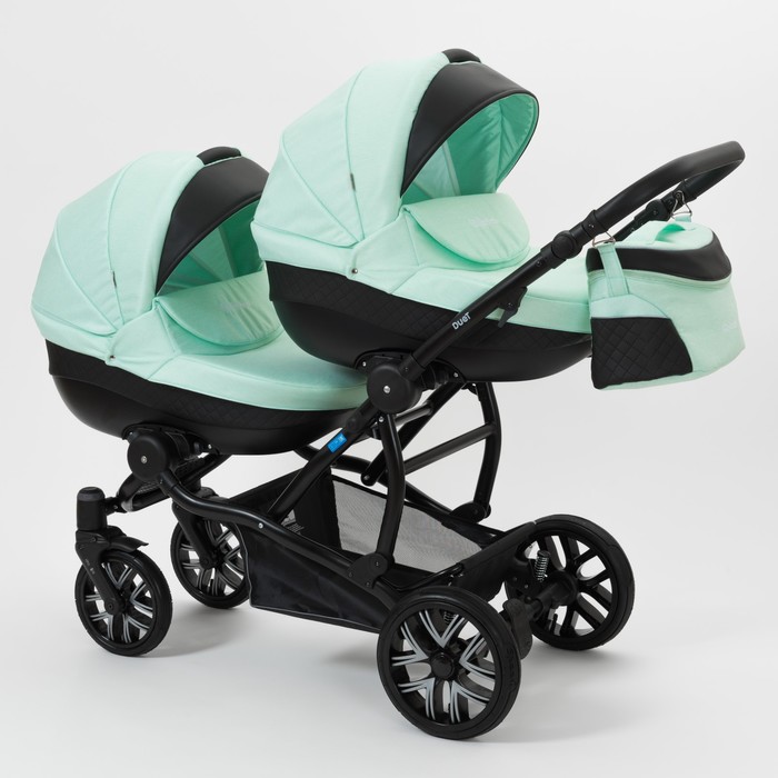Коляска для двойни 2 в 1 Duet, 50% эко-кожа, чёрный перфорированный - мятный бриз