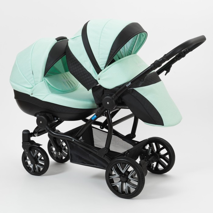 Коляска для двойни 2 в 1 Duet, 50% эко-кожа, чёрный перфорированный - мятный бриз