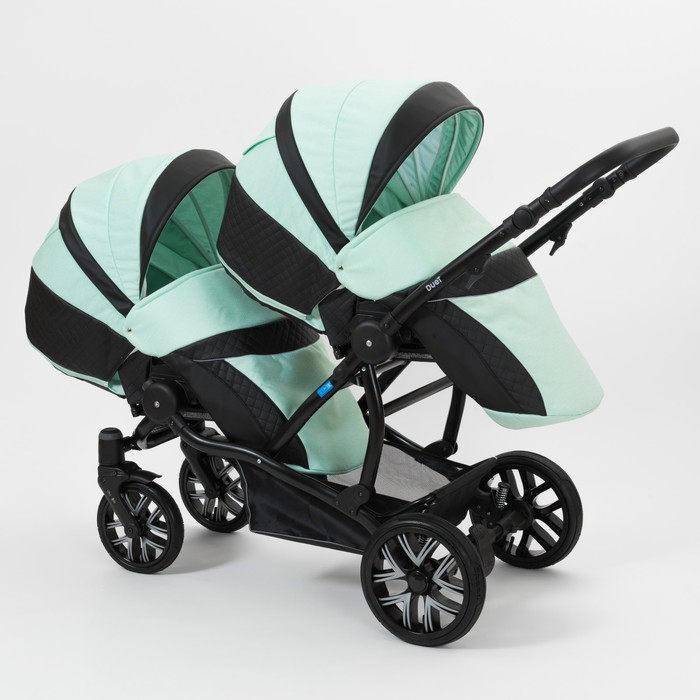 Коляска для двойни 2 в 1 Duet, 50% эко-кожа, чёрный перфорированный - мятный бриз