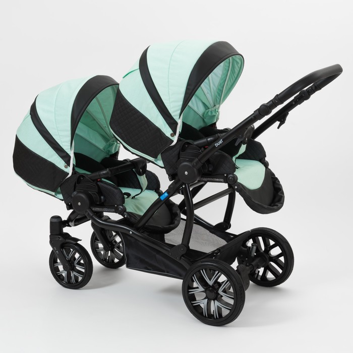 Коляска для двойни 2 в 1 Duet, 50% эко-кожа, чёрный перфорированный - мятный бриз