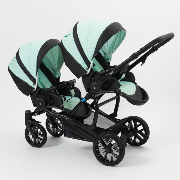 Коляска для двойни 2 в 1 Duet, 50% эко-кожа, чёрный перфорированный - мятный бриз