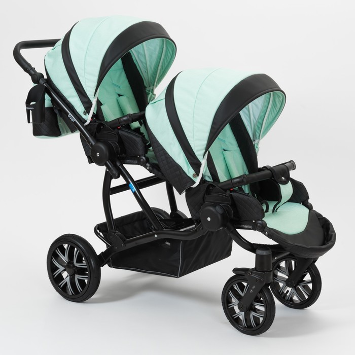 Коляска для двойни 2 в 1 Duet, 50% эко-кожа, чёрный перфорированный - мятный бриз