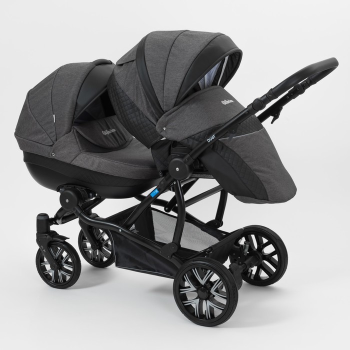 Коляска для двойни 2 в 1 Duet, 50% эко-кожа, чёрный перфорированный - графит
