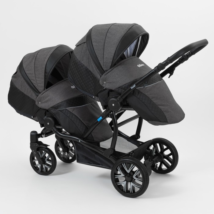 Коляска для двойни 2 в 1 Duet, 50% эко-кожа, чёрный перфорированный - графит