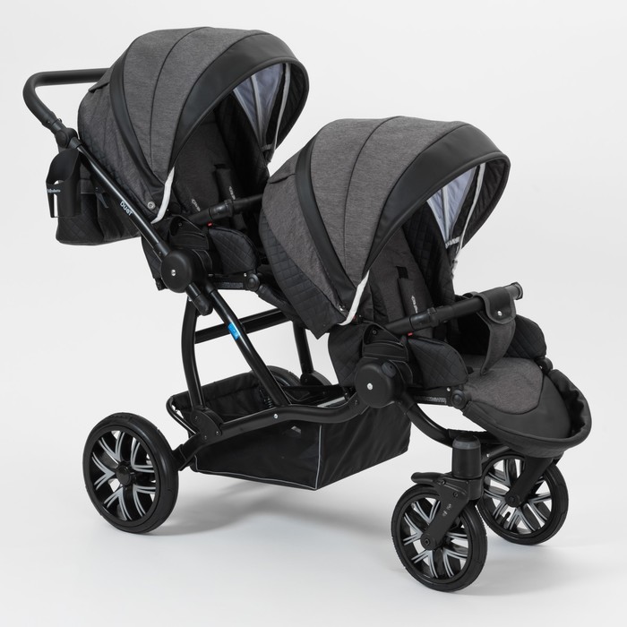 Коляска для двойни 2 в 1 Duet, 50% эко-кожа, чёрный перфорированный - графит
