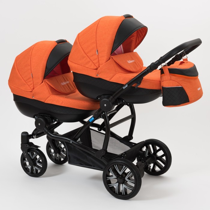 Коляска для двойни 2 в 1 Duet, 50% эко-кожа, чёрный перфорированный - оранжевый