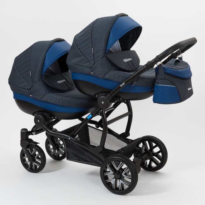 Коляска для двойни 2 в 1 Duet, 50% эко-кожа, синий перфорированный - темно синий