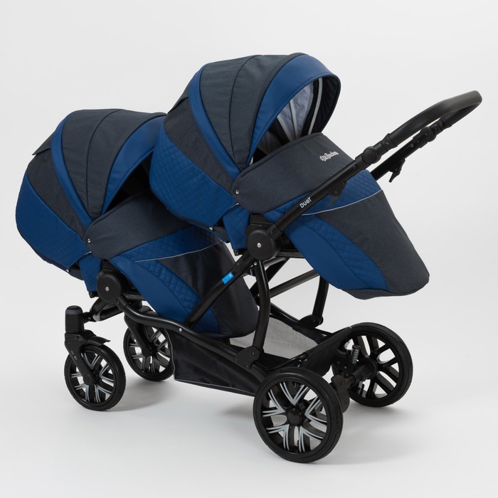 Коляска для двойни 2 в 1 Duet, 50% эко-кожа, синий перфорированный - темно синий