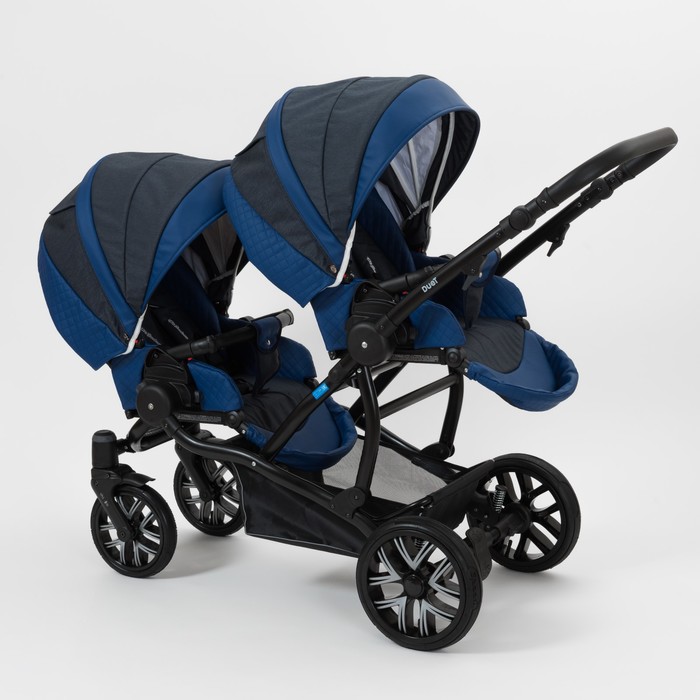 Коляска для двойни 2 в 1 Duet, 50% эко-кожа, синий перфорированный - темно синий