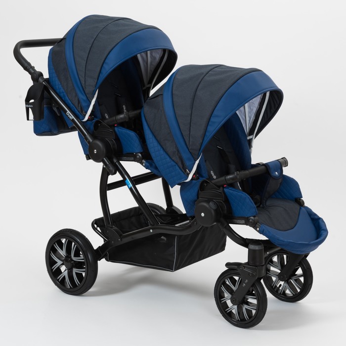 Коляска для двойни 2 в 1 Duet, 50% эко-кожа, синий перфорированный - темно синий