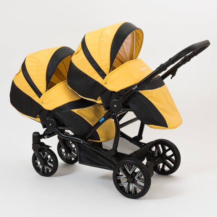 Коляска для двойни 2 в 1 Duet, 50% эко-кожа, чёрный перфорированный - жёлтый