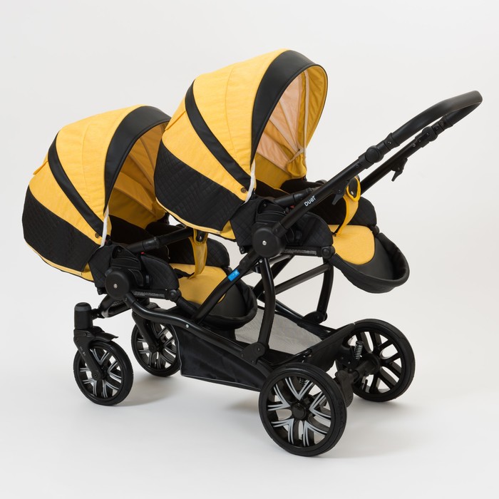 Коляска для двойни 2 в 1 Duet, 50% эко-кожа, чёрный перфорированный - жёлтый