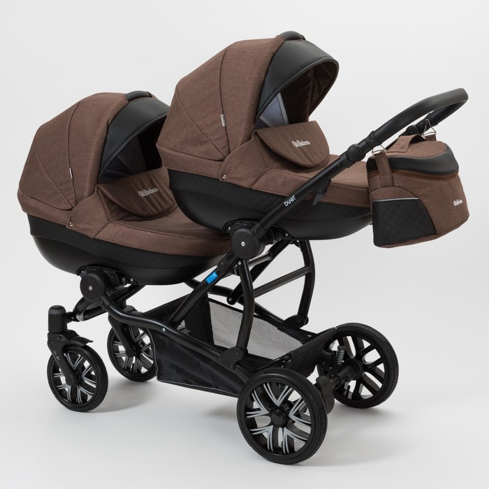 Коляска для двойни 2 в 1 Duet, 50% эко-кожа, чёрный перфорированный - коричневый