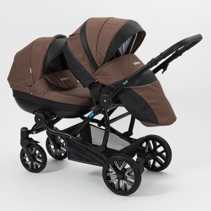 Коляска для двойни 2 в 1 Duet, 50% эко-кожа, чёрный перфорированный - коричневый