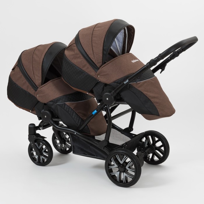 Коляска для двойни 2 в 1 Duet, 50% эко-кожа, чёрный перфорированный - коричневый