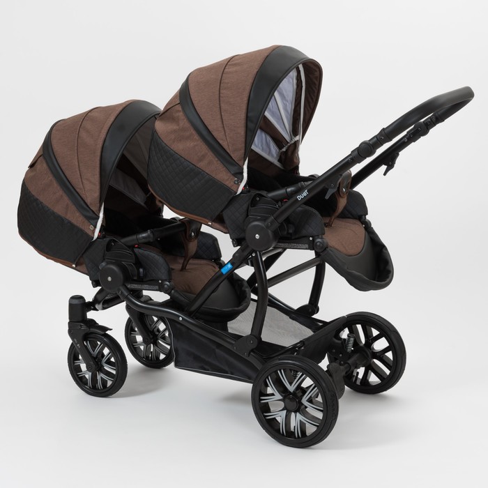 Коляска для двойни 2 в 1 Duet, 50% эко-кожа, чёрный перфорированный - коричневый