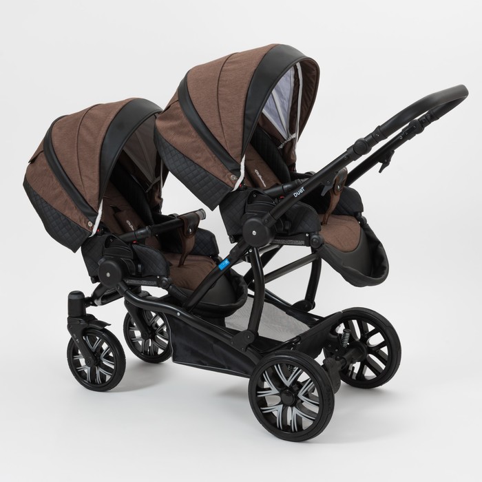 Коляска для двойни 2 в 1 Duet, 50% эко-кожа, чёрный перфорированный - коричневый