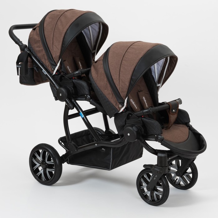 Коляска для двойни 2 в 1 Duet, 50% эко-кожа, чёрный перфорированный - коричневый