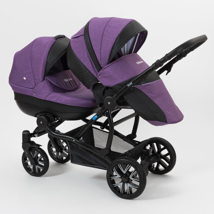 Коляска для двойни 2 в 1 Duet, 50% эко-кожа, чёрный перфорированный - фиолетовый
