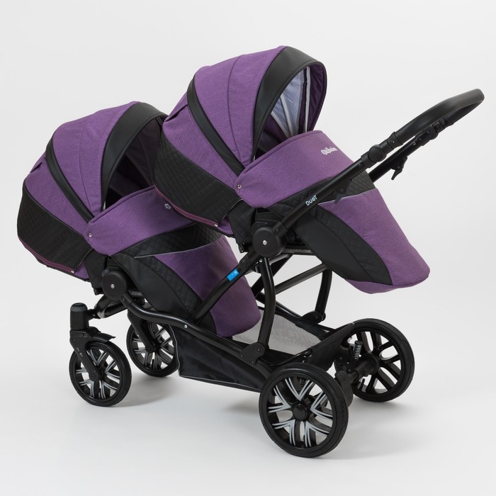 Коляска для двойни 2 в 1 Duet, 50% эко-кожа, чёрный перфорированный - фиолетовый