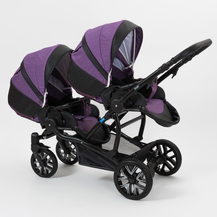 Коляска для двойни 2 в 1 Duet, 50% эко-кожа, чёрный перфорированный - фиолетовый