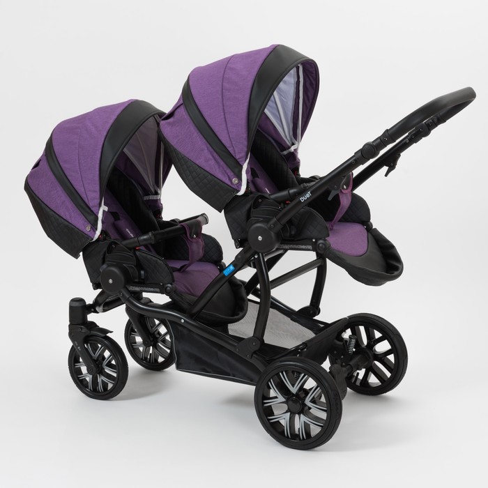 Коляска для двойни 2 в 1 Duet, 50% эко-кожа, чёрный перфорированный - фиолетовый