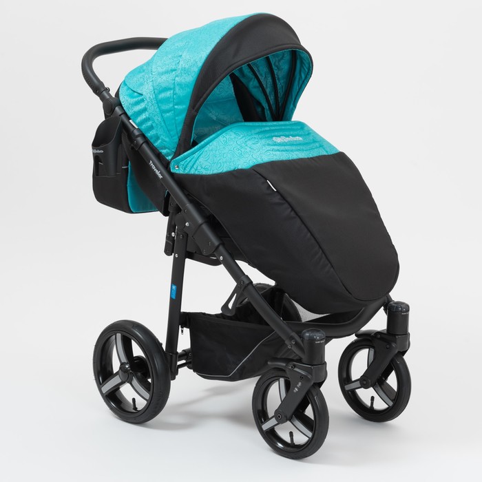 Коляска прогулочная Traveler,  чёрный - бирюзовый в принт вензеля