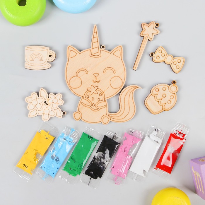 Подвески-раскраски из дерева "Кошка-единорожка