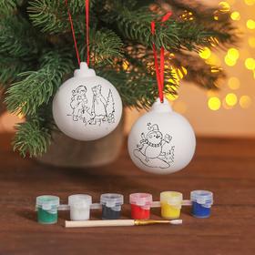 

Набор новогодних шаров под раскраску 2 шт. «Пара №2» с подвесом + краска 6 цв. по 2 мл, кисть